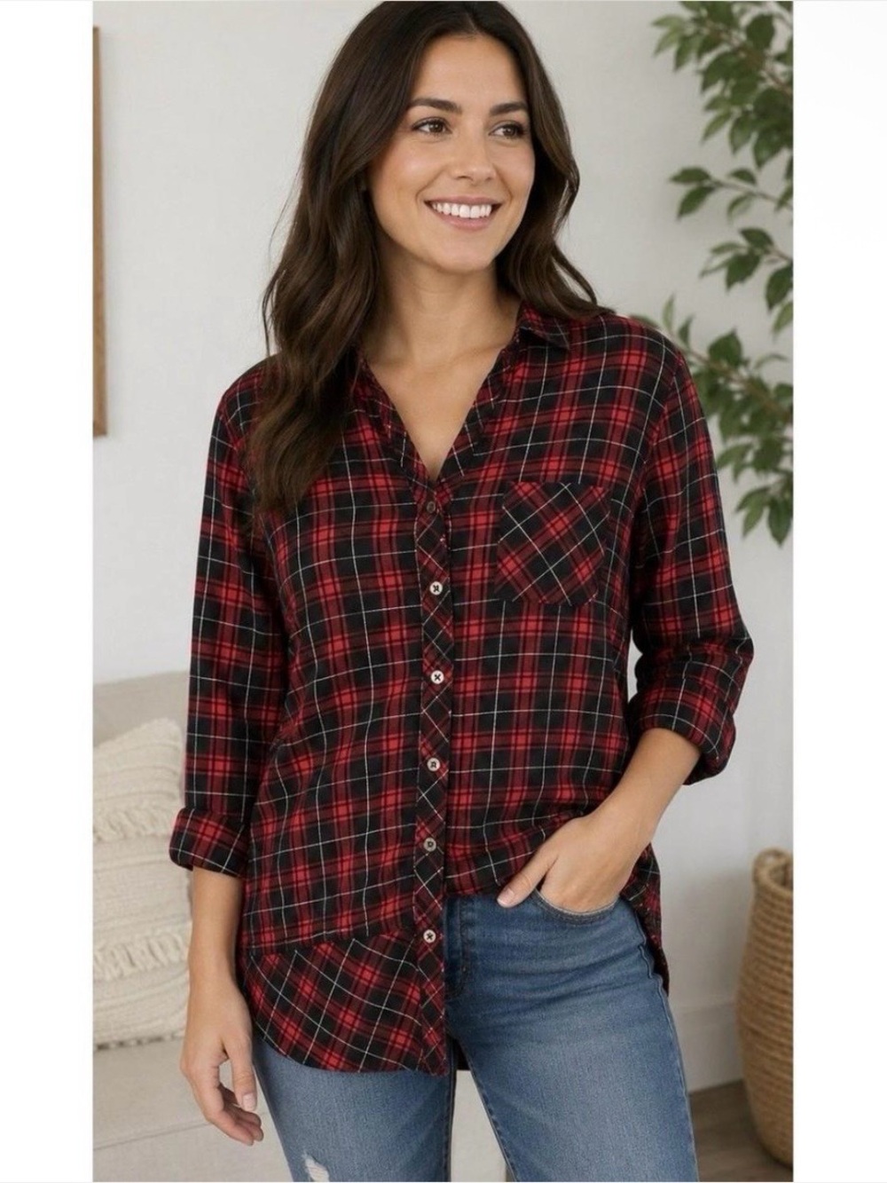 J. Jill Women’s 100% Cotton Red Black Plaid Tartan Button Up Tunic Top M